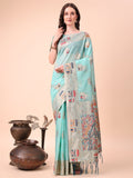 Anaita Sky Blue Linen Cotton With Jacquard Work And Zari Weaving Saree With Blouse