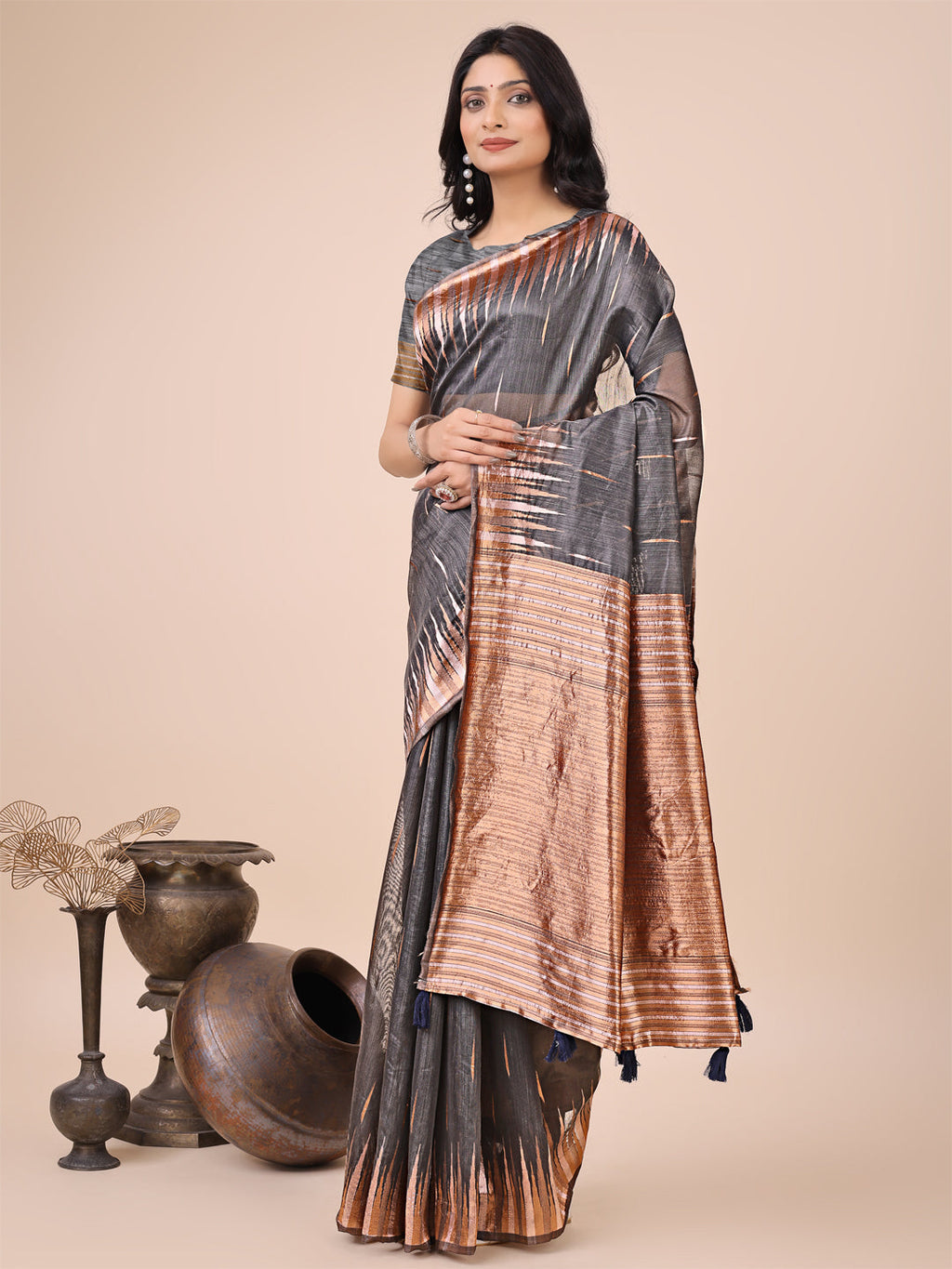 Anaita Grey Linen Cotton With Jacquard Work And Zari Weaving Saree With Blouse