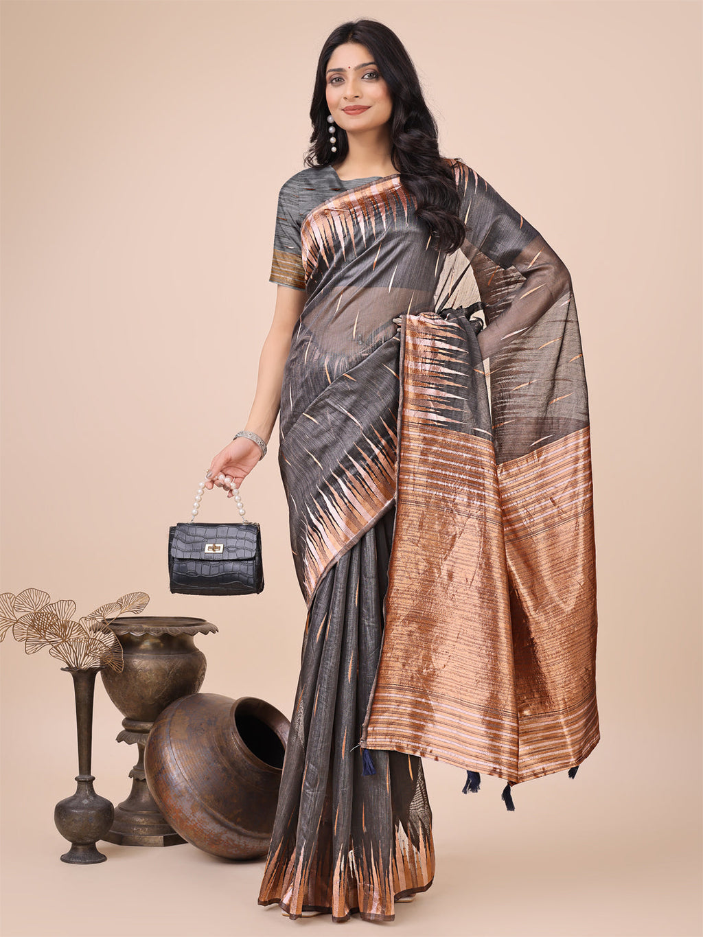 Anaita Grey Linen Cotton With Jacquard Work And Zari Weaving Saree With Blouse