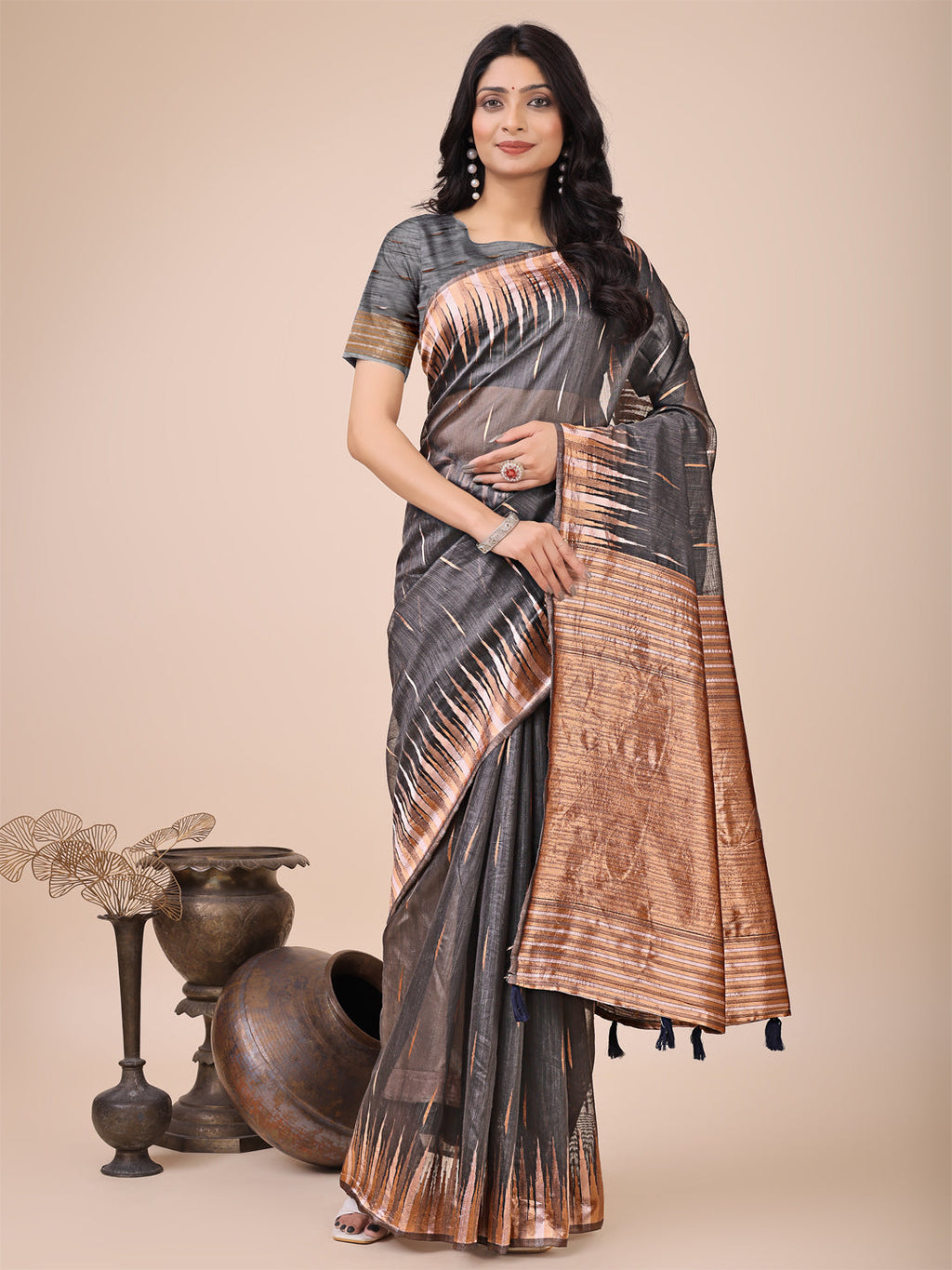Anaita Grey Linen Cotton With Jacquard Work And Zari Weaving Saree With Blouse