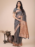 Anaita Grey Linen Cotton With Jacquard Work And Zari Weaving Saree With Blouse