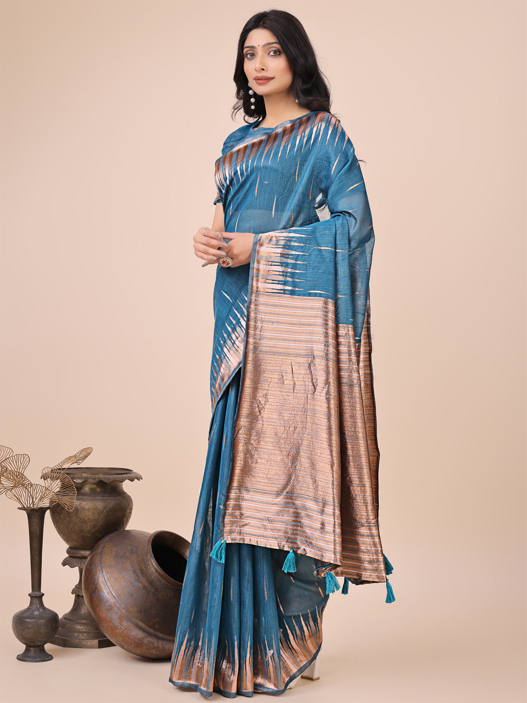 Anaita Blue Linen Cotton With Jacquard Work And Zari Weaving Saree With Blouse
