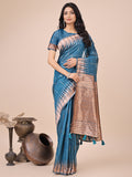 Anaita Blue Linen Cotton With Jacquard Work And Zari Weaving Saree With Blouse