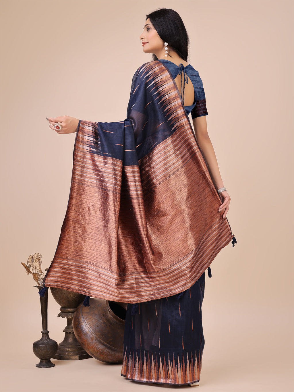 Anaita Navy Blue Linen Cotton With Jacquard Work And Zari Weaving Saree With Blouse