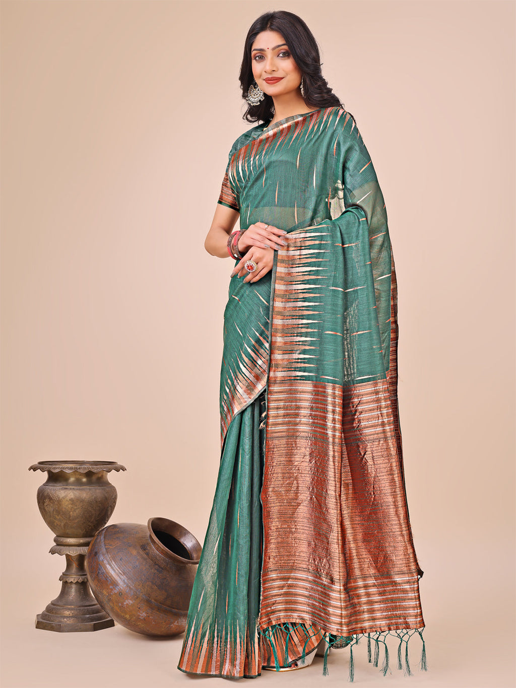 Anaita Green Linen Cotton With Jacquard Work And Zari Weaving Saree With Blouse