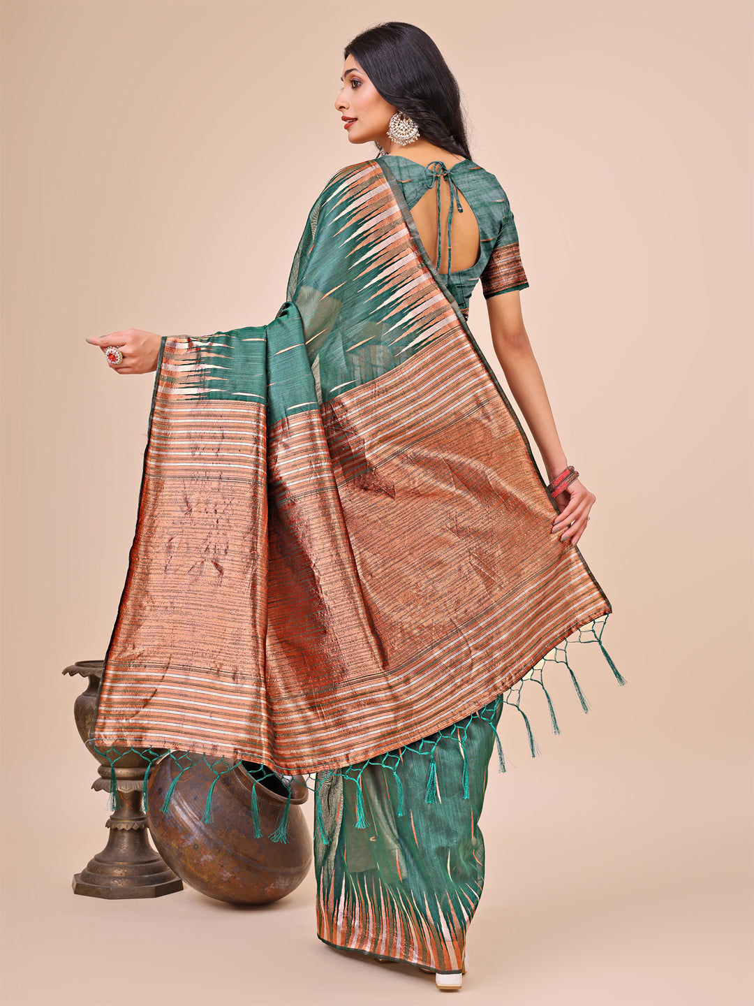 Anaita Green Linen Cotton With Jacquard Work And Zari Weaving Saree With Blouse
