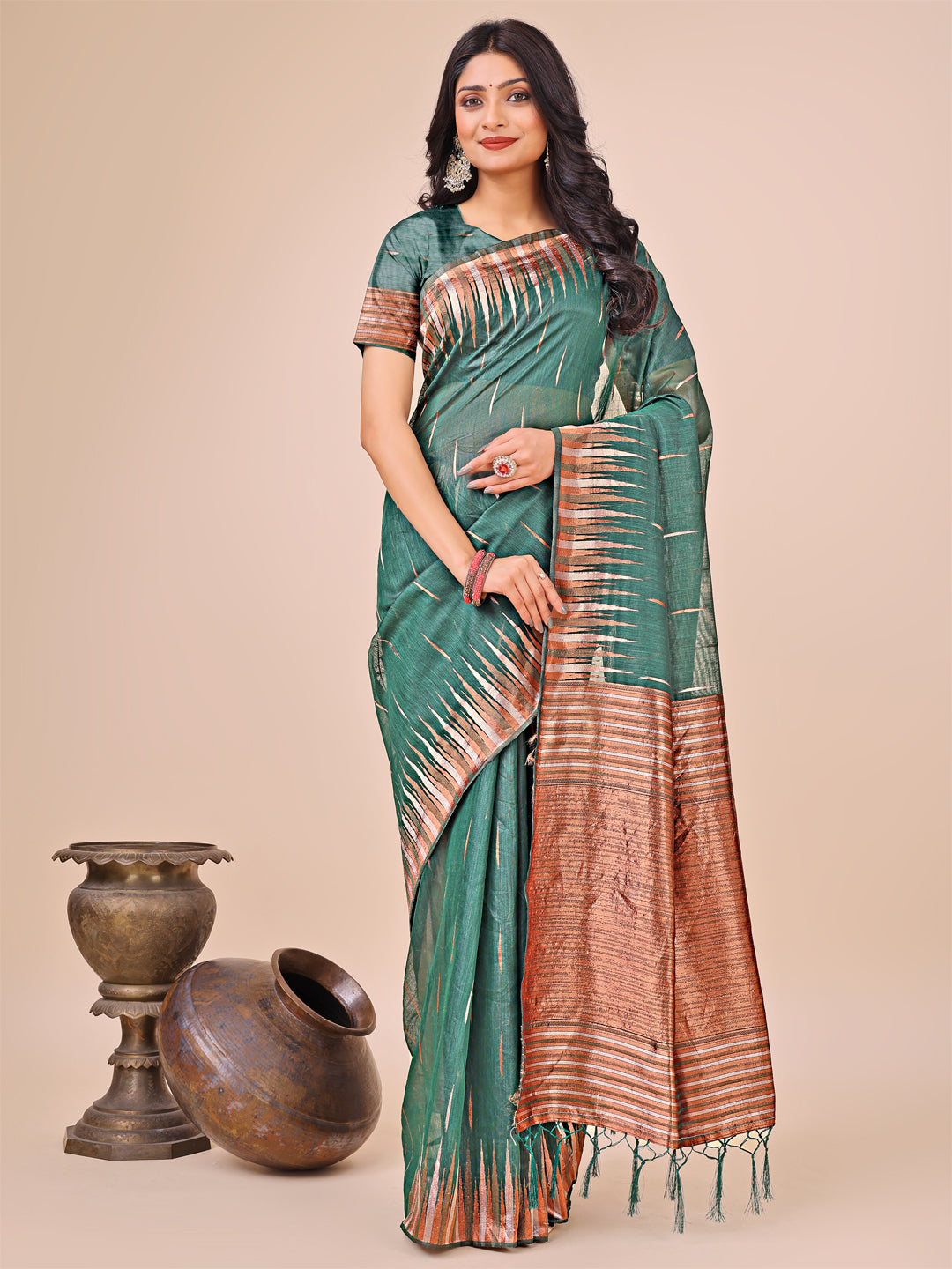 Anaita Green Linen Cotton With Jacquard Work And Zari Weaving Saree With Blouse