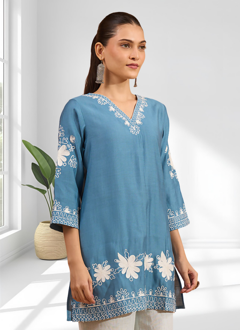 Joban Fashion Teal Silk Embroidered Readymade Tunic