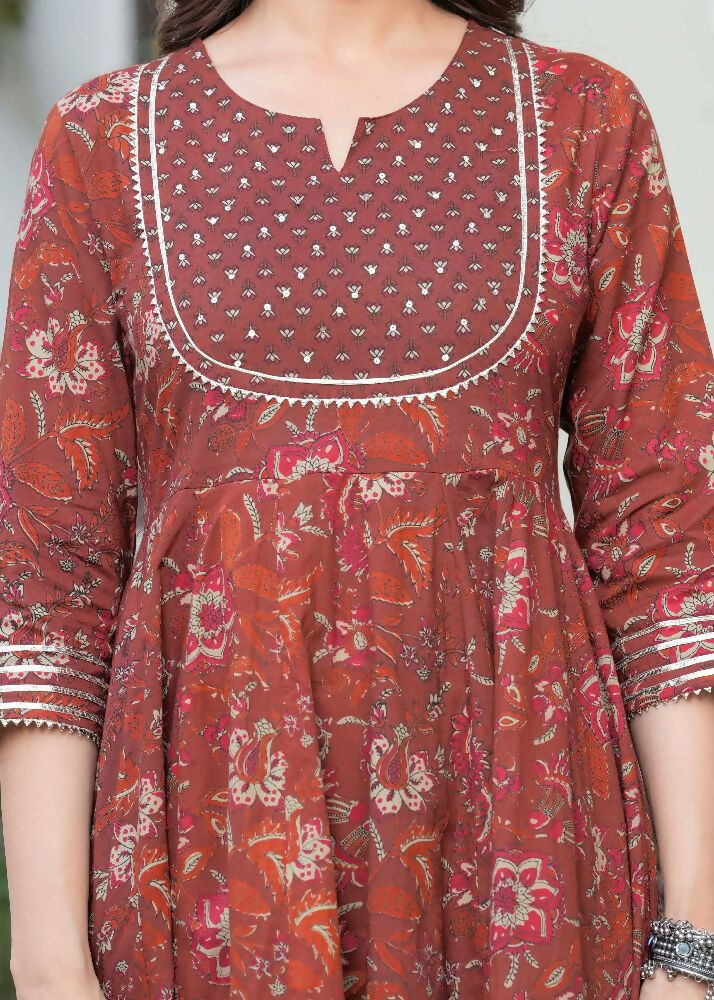 Jaimini Women Cotton Printed Round Neck 3/4 Sleeves Calf Length Flared Kurta Pant And Dupatta Set