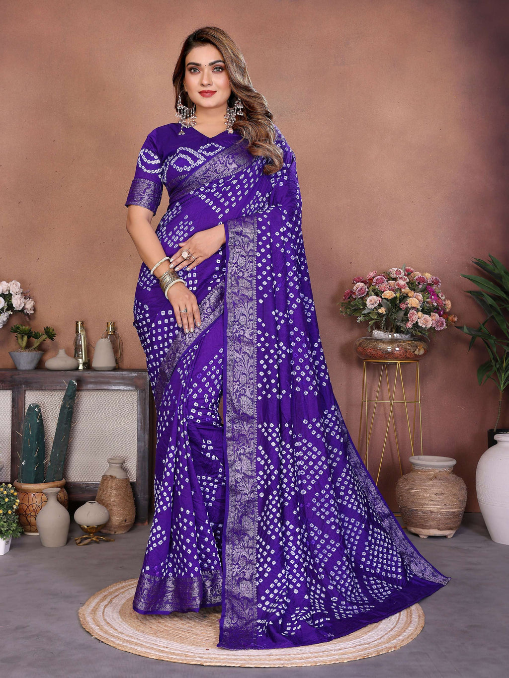Aastha Fashion Purple Pure Dola Silk Handmade Original Bandhej Saree
