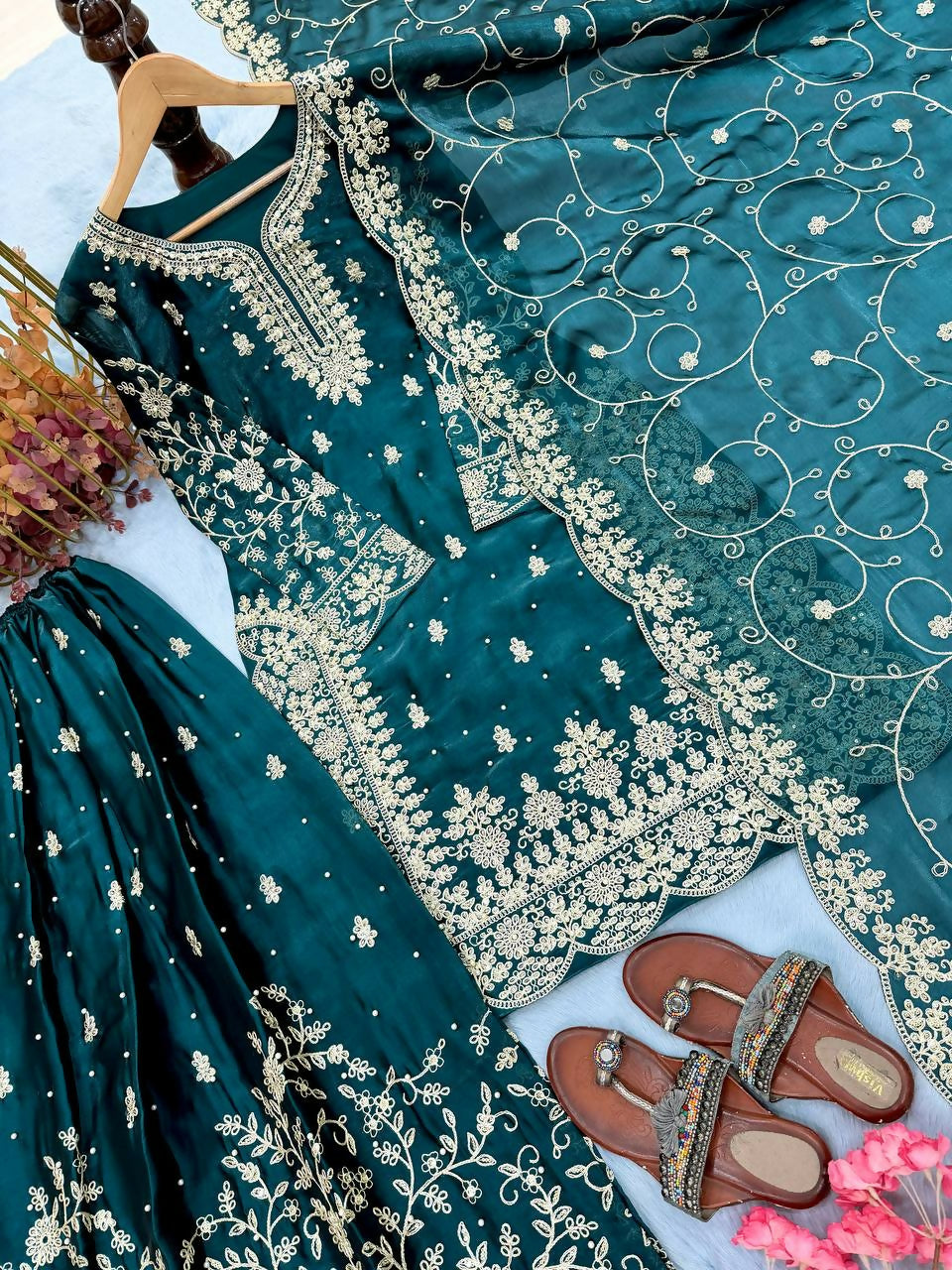 Teeya Creation Teal Pure Silk Gimmy Silk Heavy Embroidery Work Wedding Wear Palazzo Pair