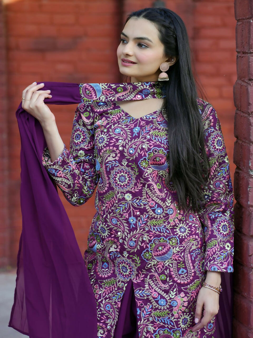 Teeya Creation Wine Color Tapeta Silk Embroidery Work Party Wear Palazzo Set