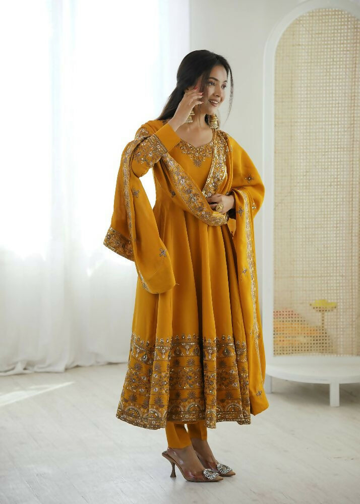 Teeya Creation Yellow Roman Silk Embroidery Work Party Wear long Gown