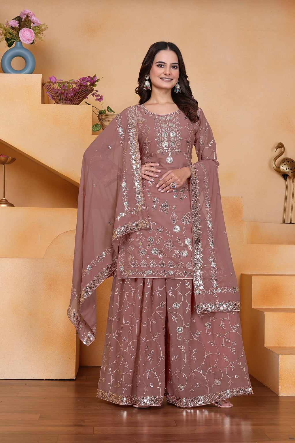 Lehenga Mart Designer Sharara Suit With Kurta, Sharara, Dupatta For Women-Mauve