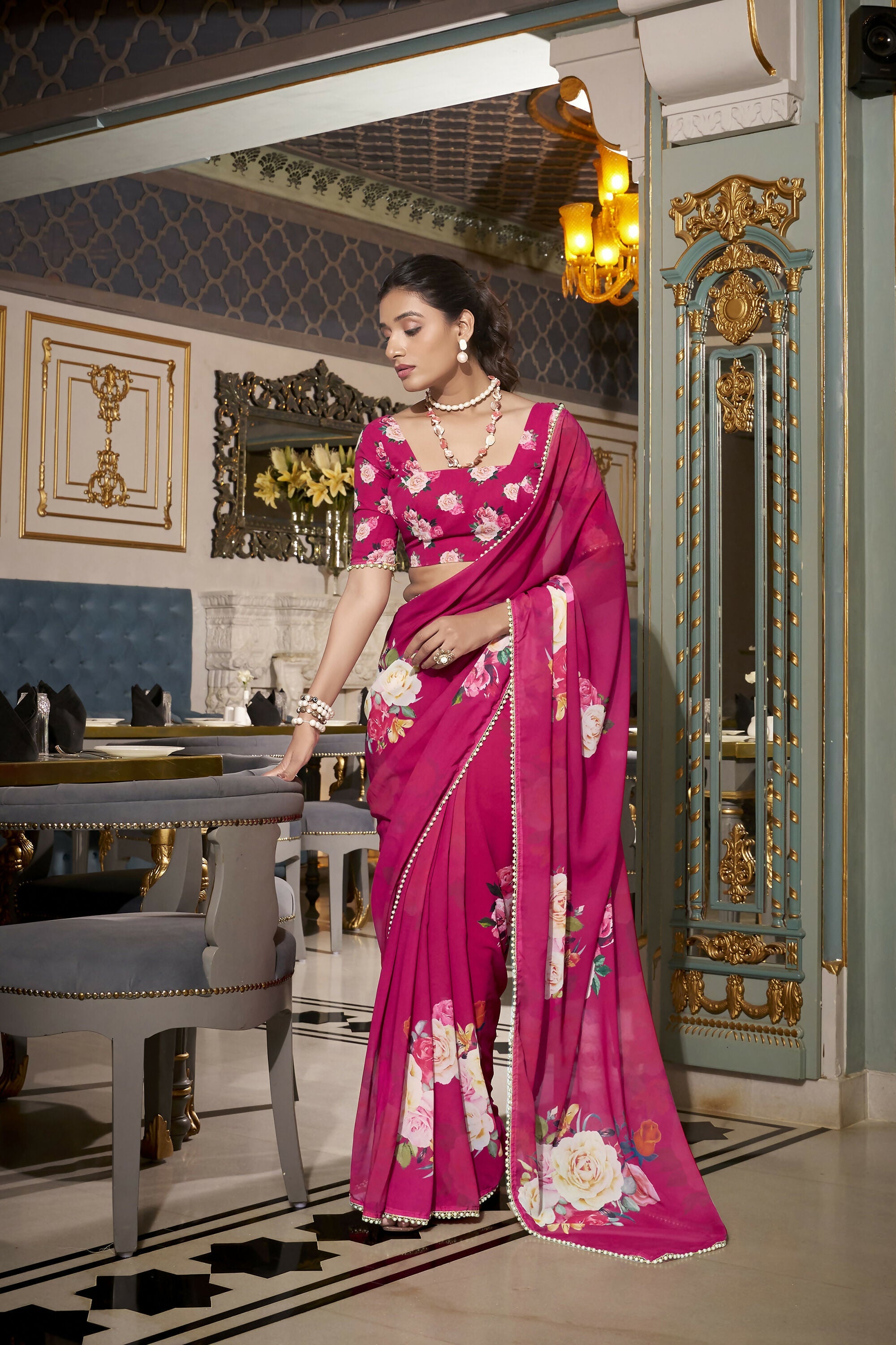 Vastranavya Pink Spectacular Georgette Printed with Pearl Lace Saree with Unstitched Blouse