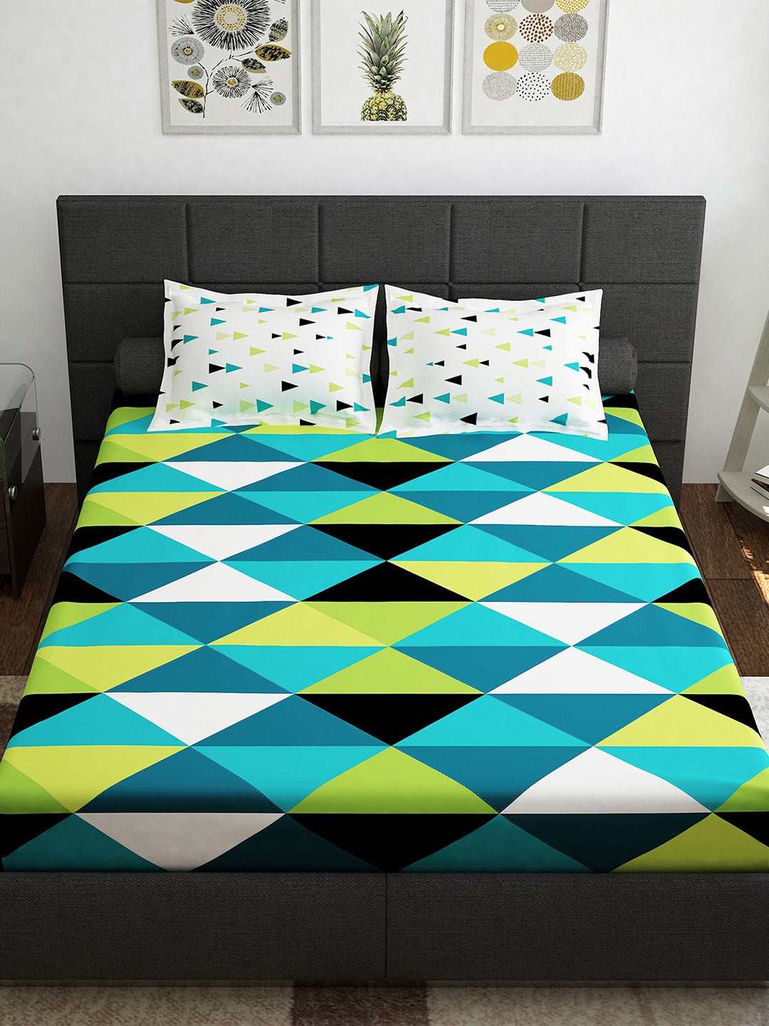 Story@home Ventura Teal & Black Geometric 152 TC Cotton Queen Bedsheet & 2 Pillow Covers