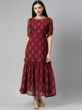Souchii Maroon & Blue Ethnic Motifs Chiffon Maxi Dress