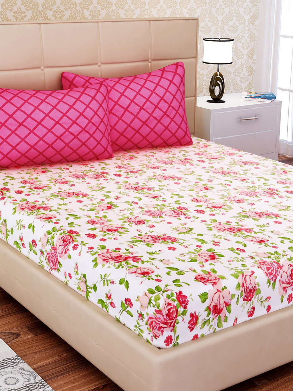 SEJ by Nisha Gupta White & Pink Floral 144 TC Cotton 1 King Bedsheet with 2 Pillow Covers