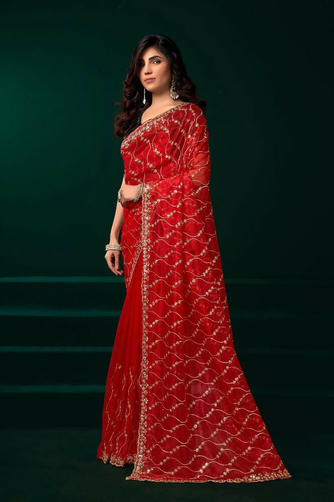 Joban Fashion Red Net Party Wear Sarees