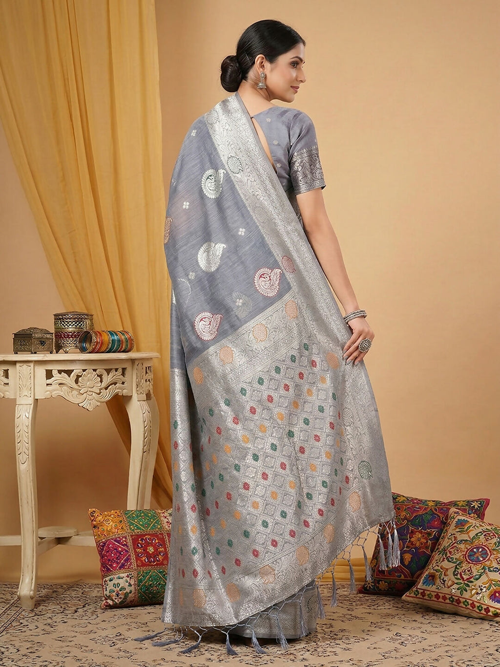 Shree Shyam Fashion Grey Linen Cotton Saree