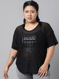 MKH Plus Size Typography Printed Drop-Shoulder Sleeves Dri-FIT Relaxed Fit Sports T-shirt