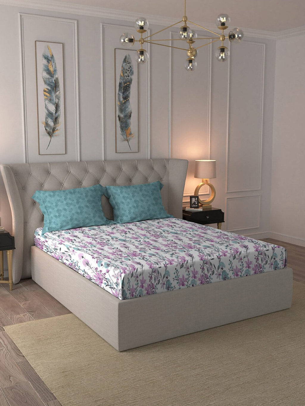 MYTRIDENT Violet White Floral Cotton 144 TC Queen Bedsheet With 2 Pillow Covers