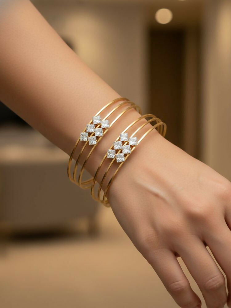 NVR Women Set of 2 Gold Plated CZ Stone Adjustable Bangle