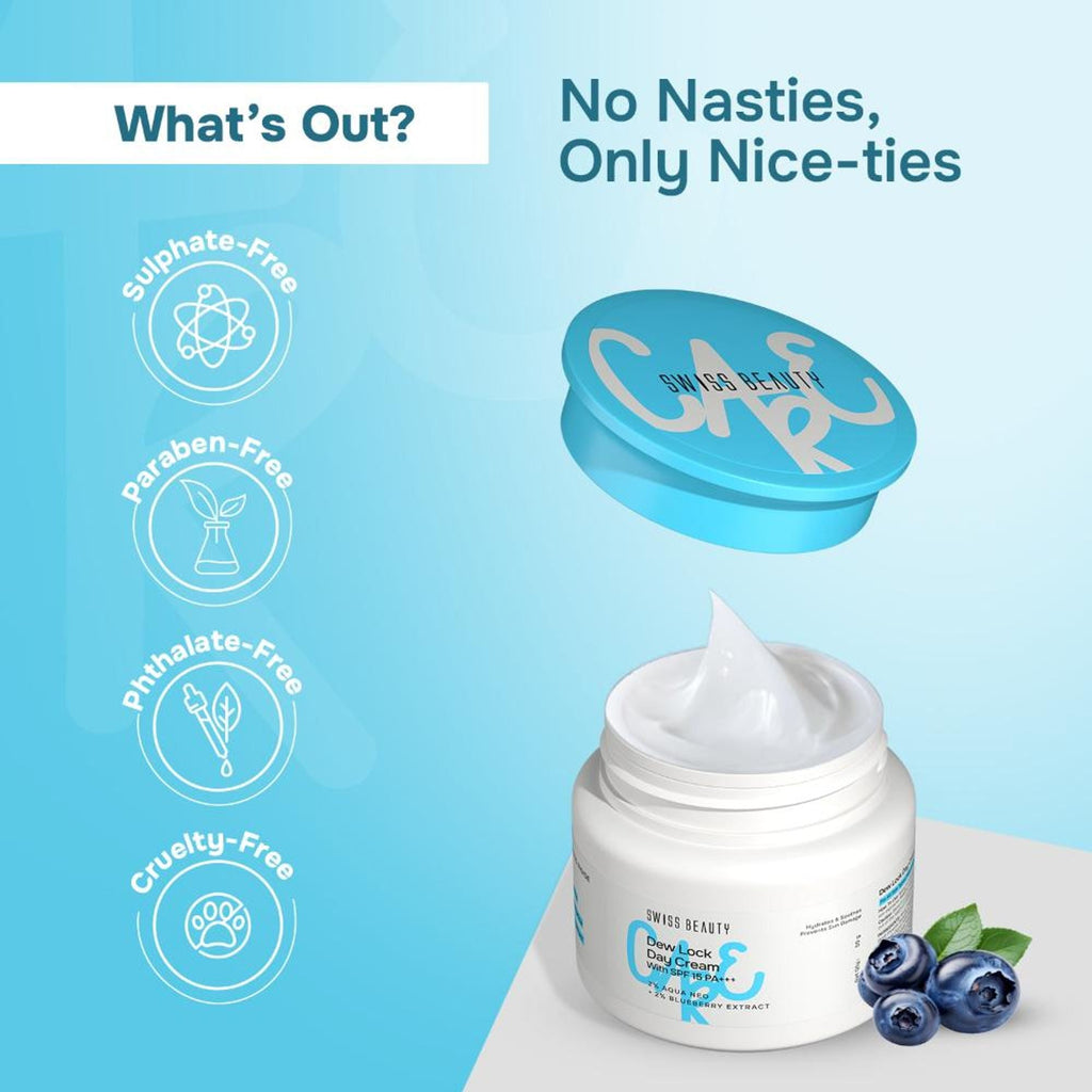 Swiss Beauty Care Dew Lock Day Cream With SPF 15+++ - 2% Aqua Neo & 2% Blueberry Extract