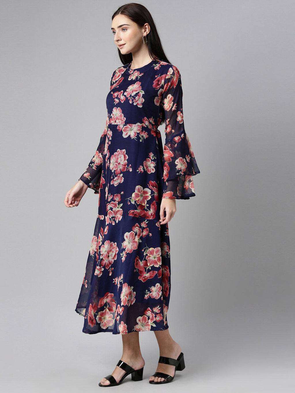 Souchii Floral Printed Round Neck Midi Dress