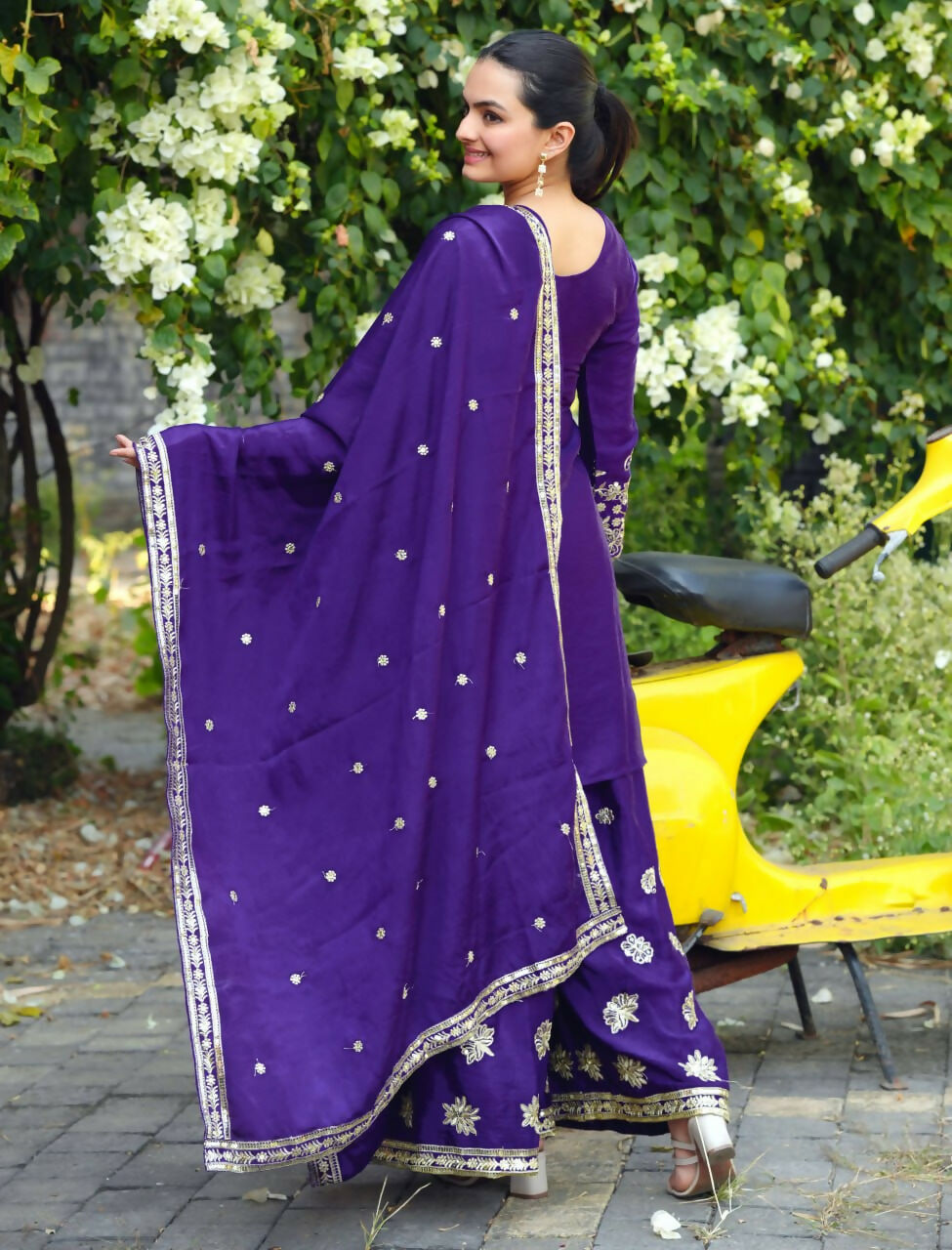 Teeya Creation Purple Color Chinon Silk Wedding Wear Trending Palazzo Set