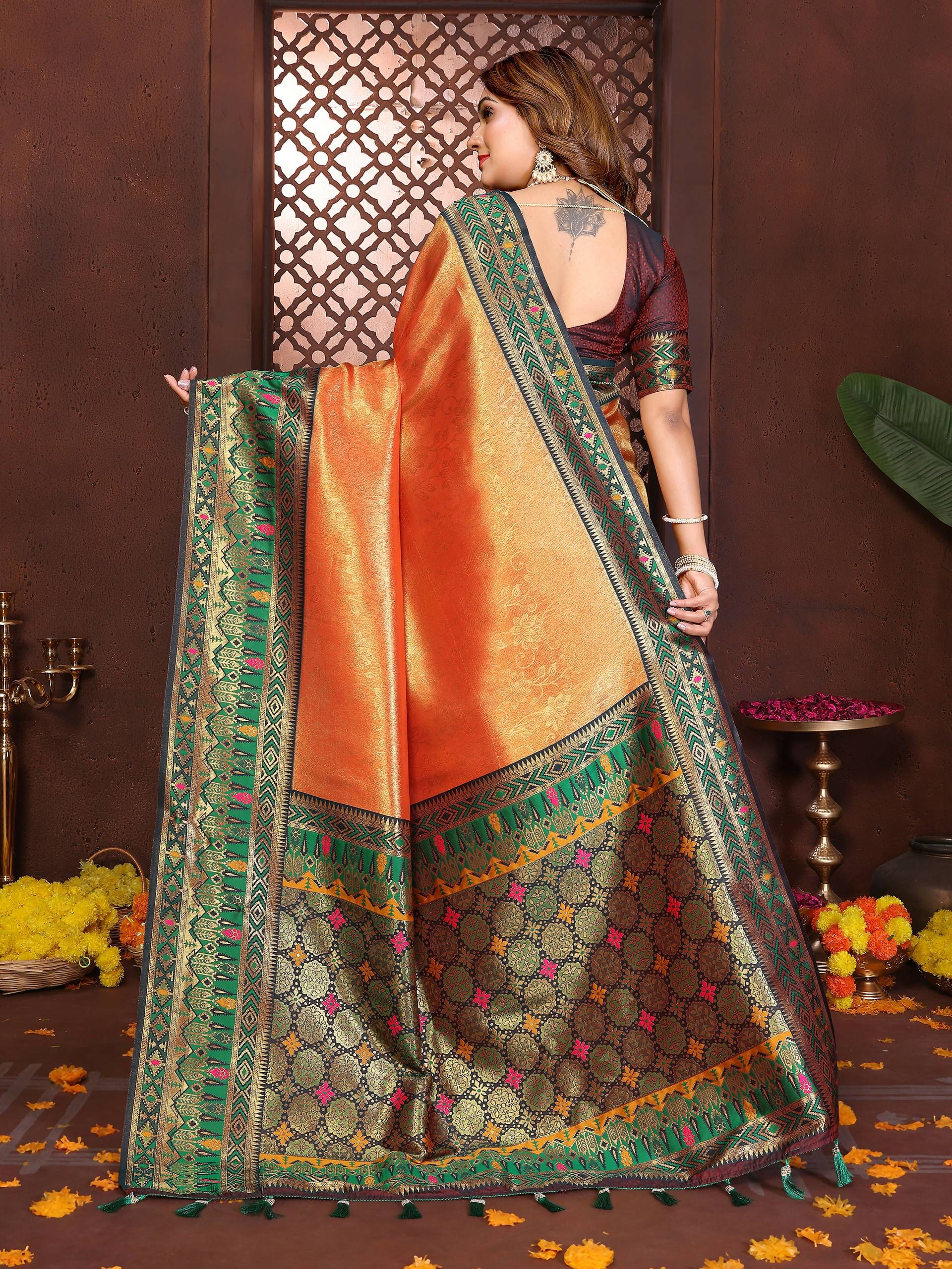 Aastha Fashion Orange Tissue Silk Weaving Saree
