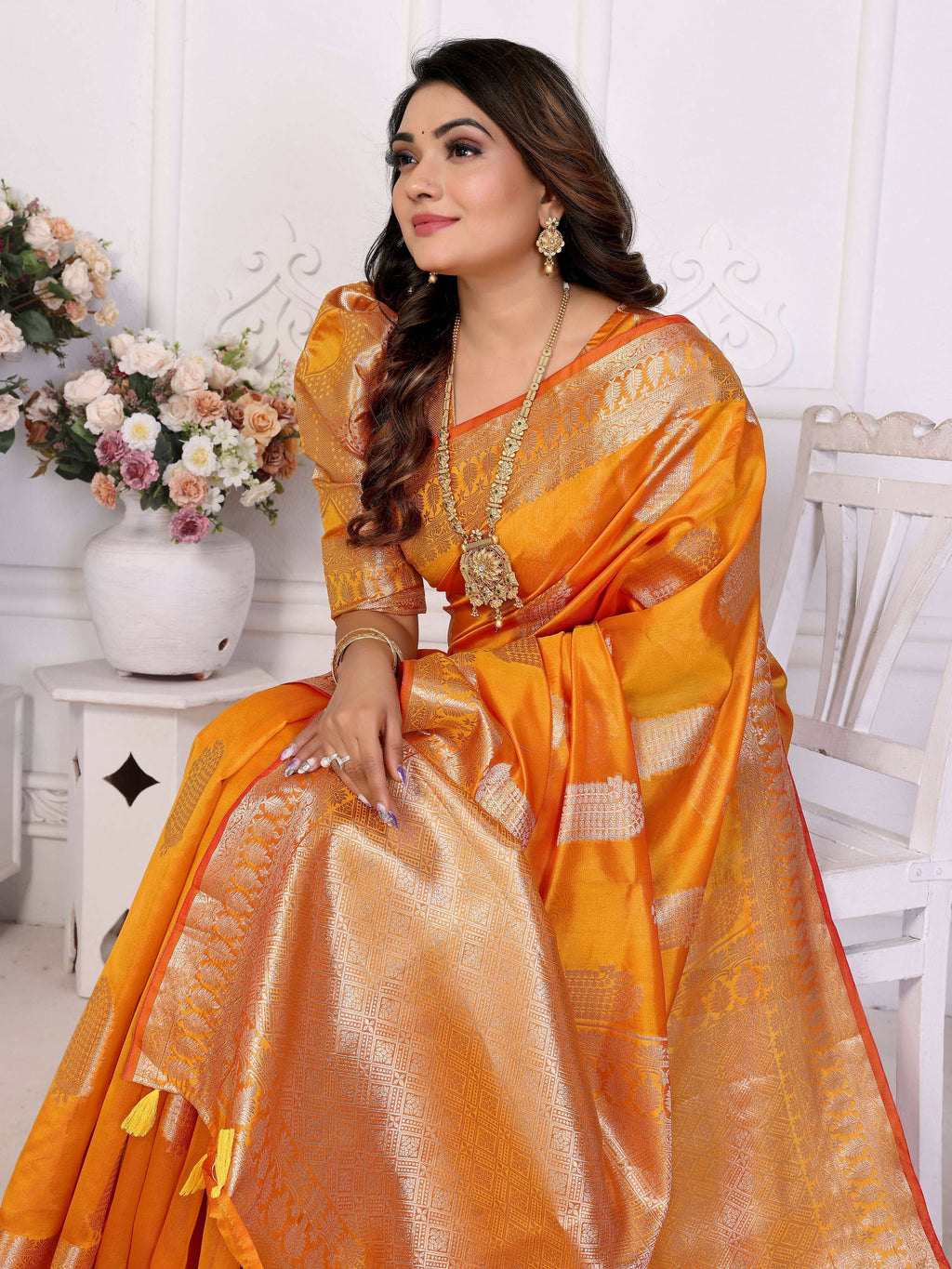 Aastha Fashion Yellow Soft Organza Silk Weaving Saree