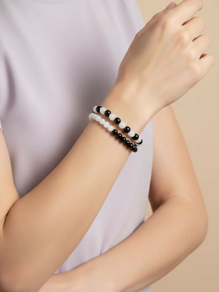 NVR Set of 2 Black & White crystal beaded Bracelet for Men & Women