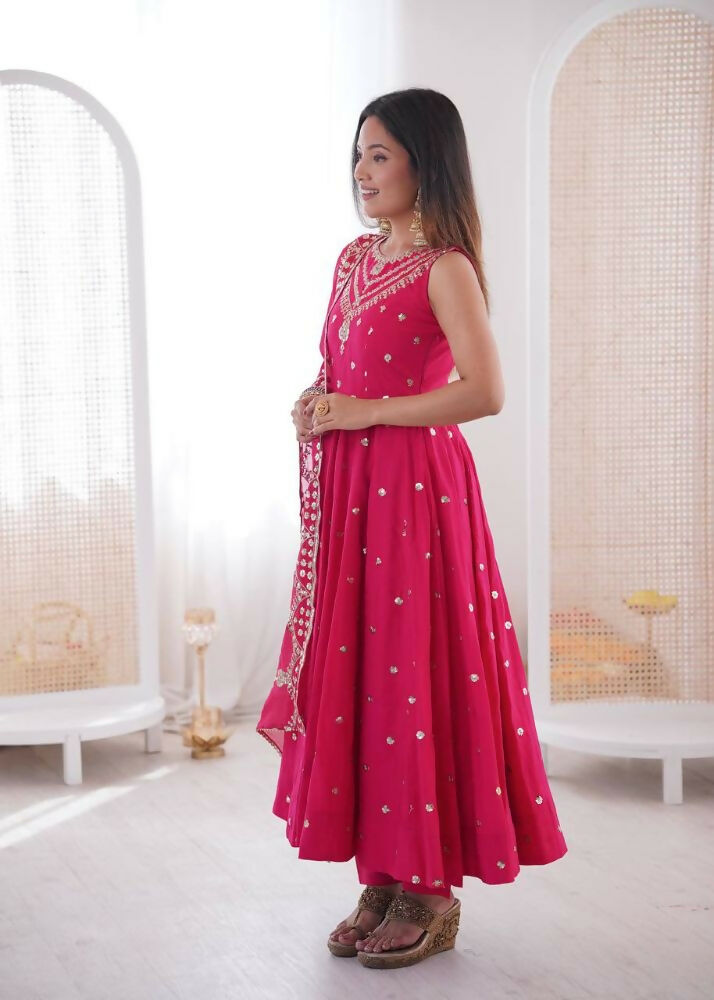 Teeya Creation Pink Color Roman Silk Embroidery Work Party Wear Gown