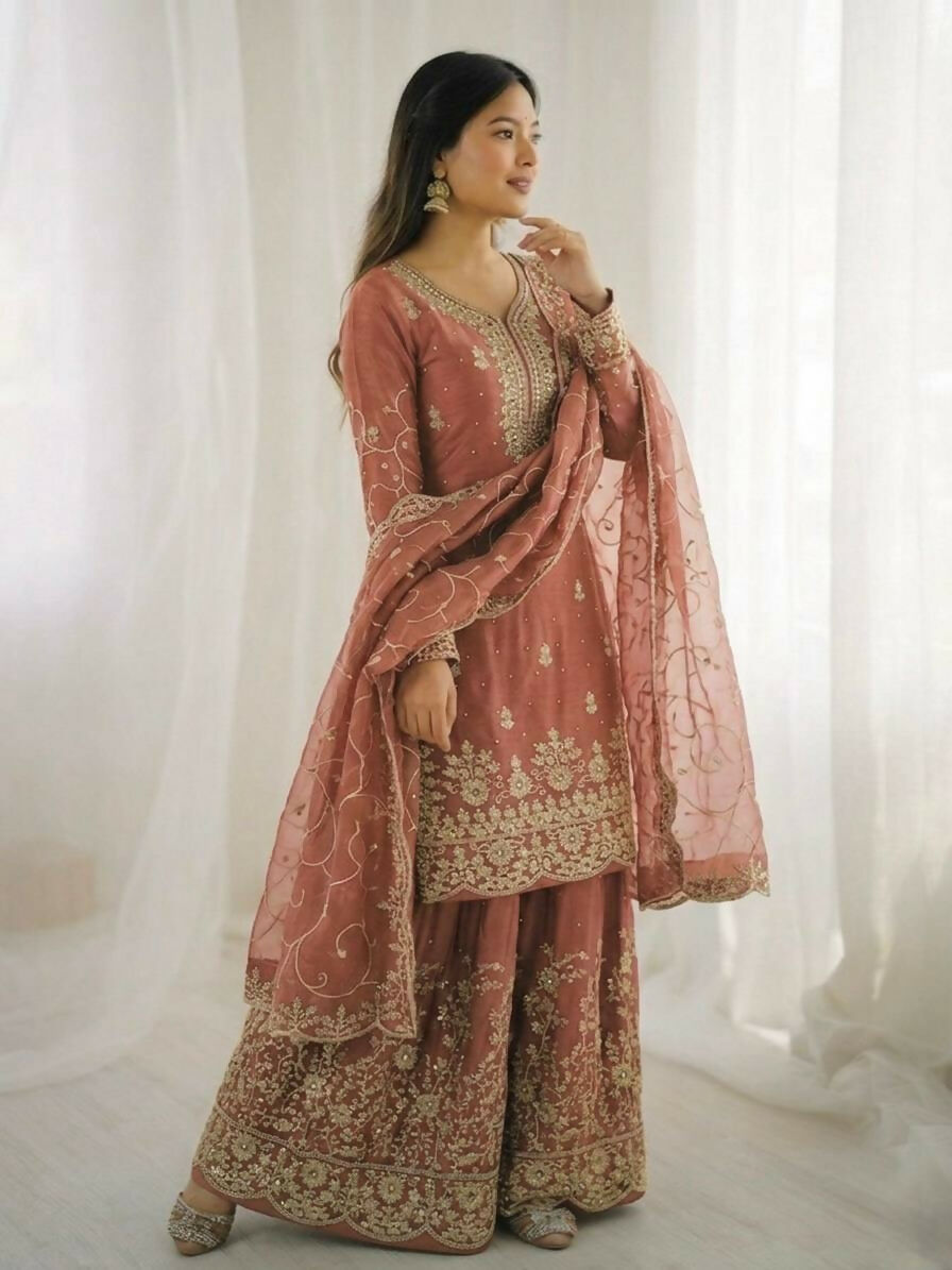 Teeya Creation Peach Color Gymmi Silk Embroidery Work Wedding Wear Sharara Set