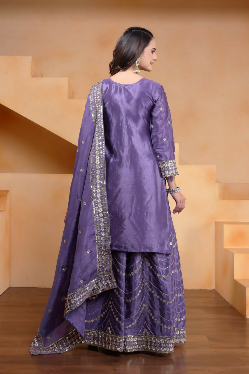 Teeya Creation Lavender Color Chinon Silk Wedding Wear Trending Palazzo Set