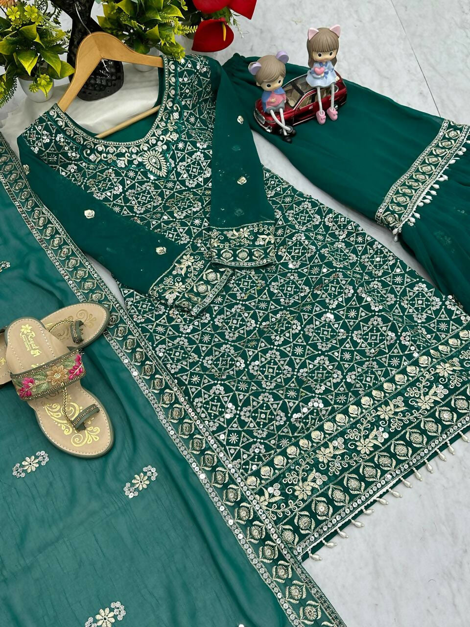 Teeya Creation Womens New Heavy Fox Georgette Fabric With Heavy Embroidery Work Green Kurta Set