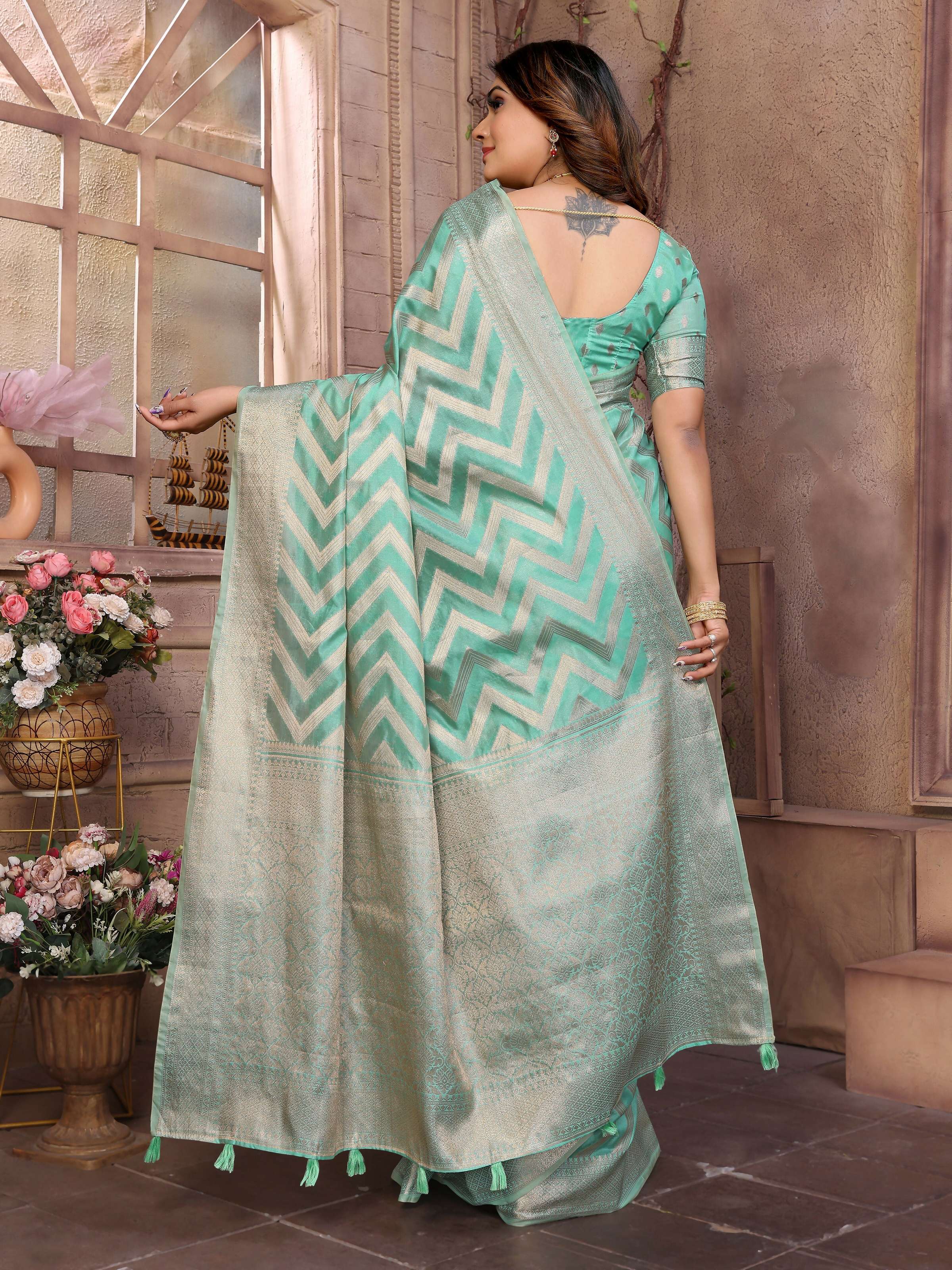 Aastha Fashion Sea Green Soft Organza Silk Weaving Saree