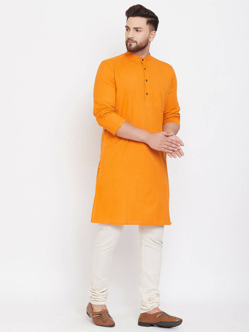 Even Apparels Pure Cotton Men's Kurta With Band Collar in Yellow Color