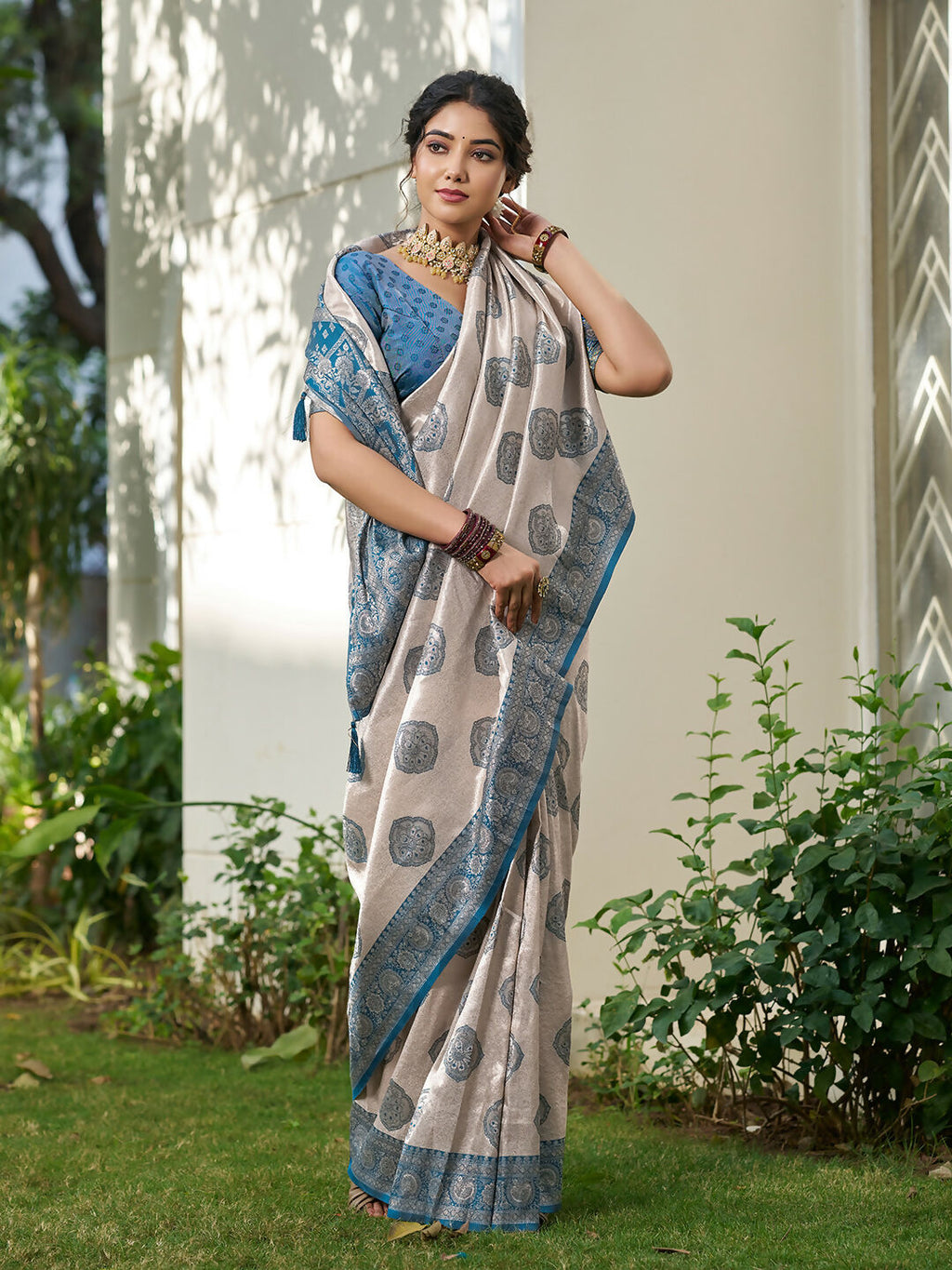 Shree Shyam Fashion Cream With Blue Silk Blend Saree