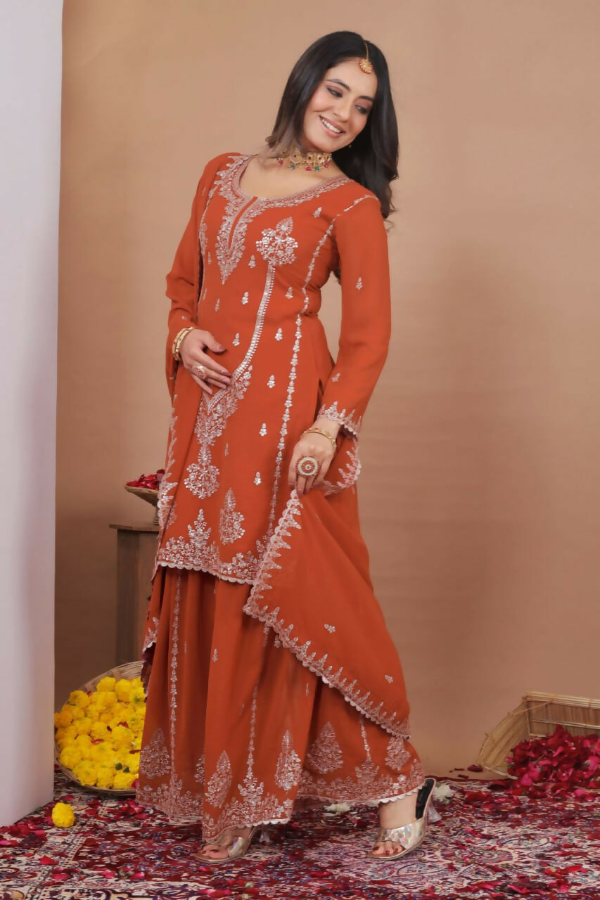 Teeya Creation Orange Color Faux Georgette Wedding Wear Trending Palazzo Set
