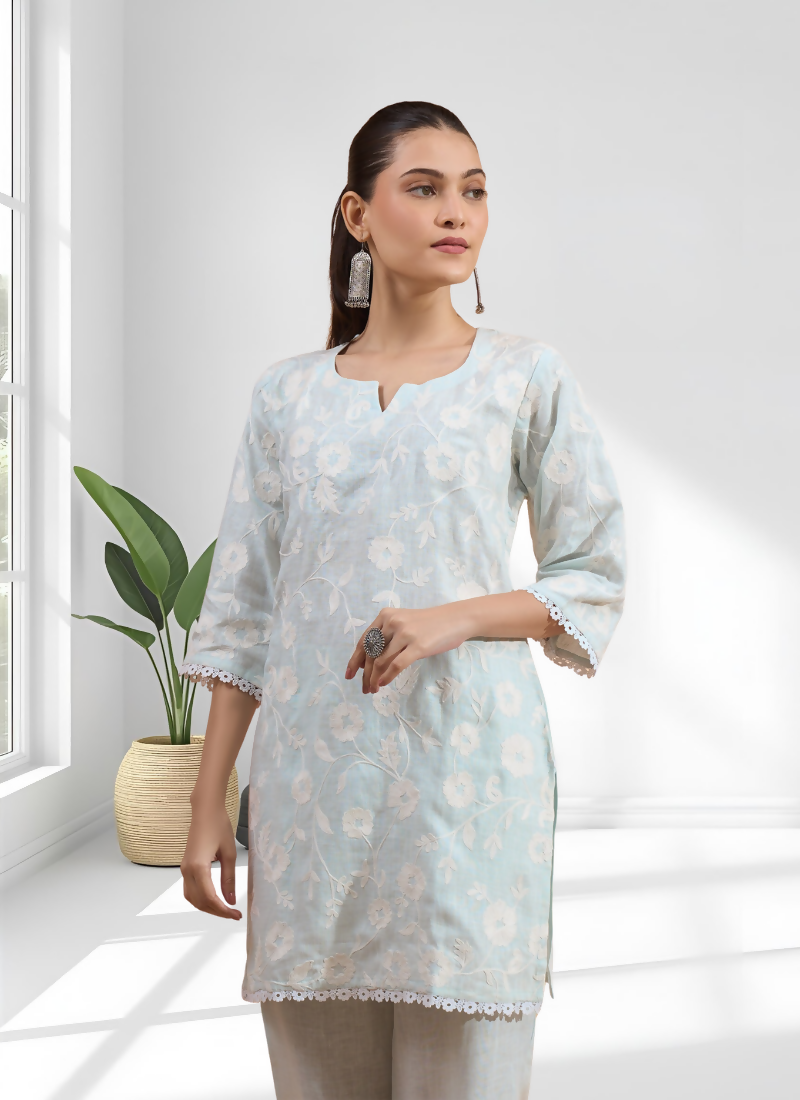 Joban Fashion Sky Blue Linen Embroidered Readymade Cord Set