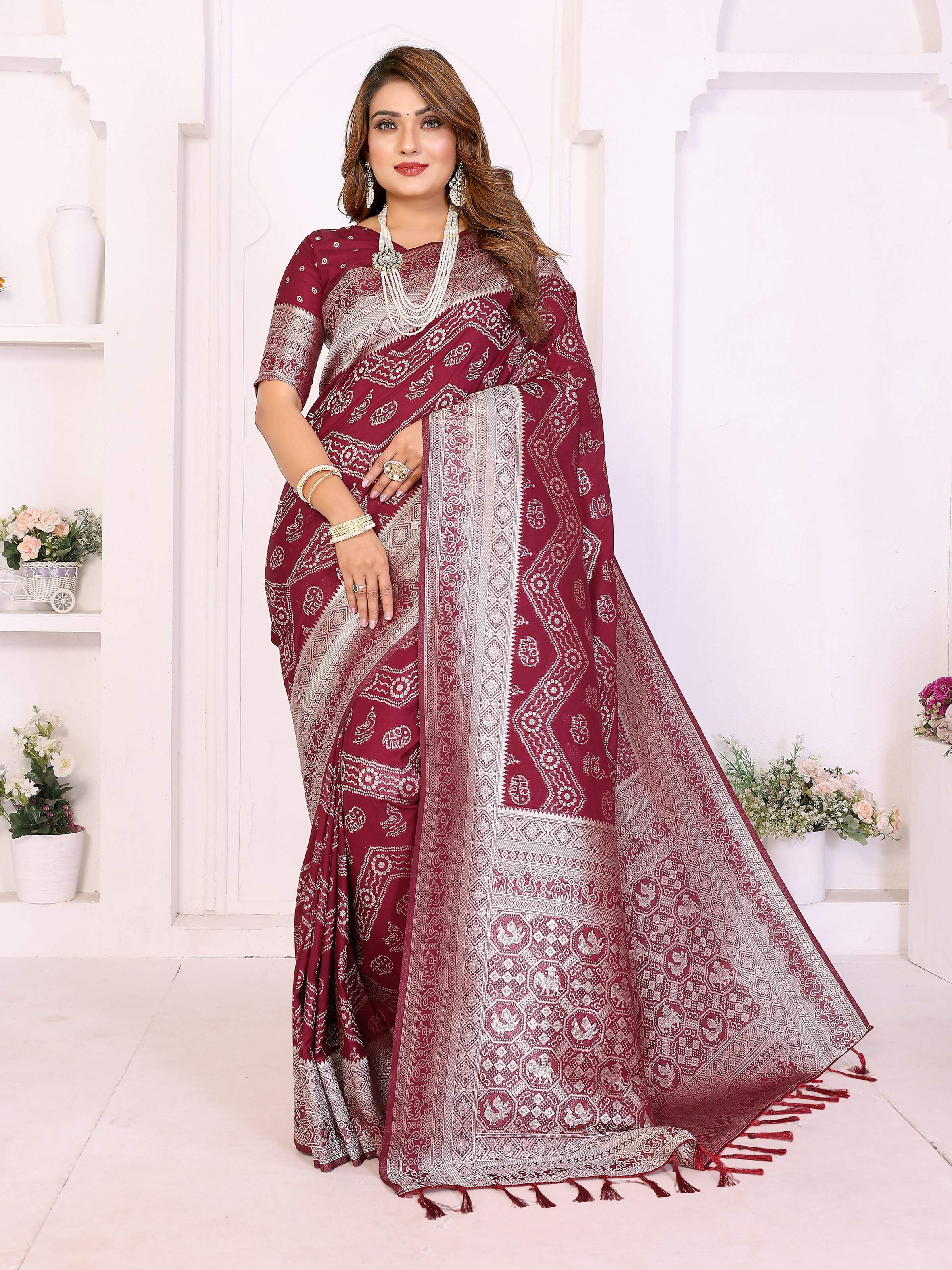 Aastha Fashion Maroon Georgette Silk Leheriya With Elegant Zari Weaving Saree