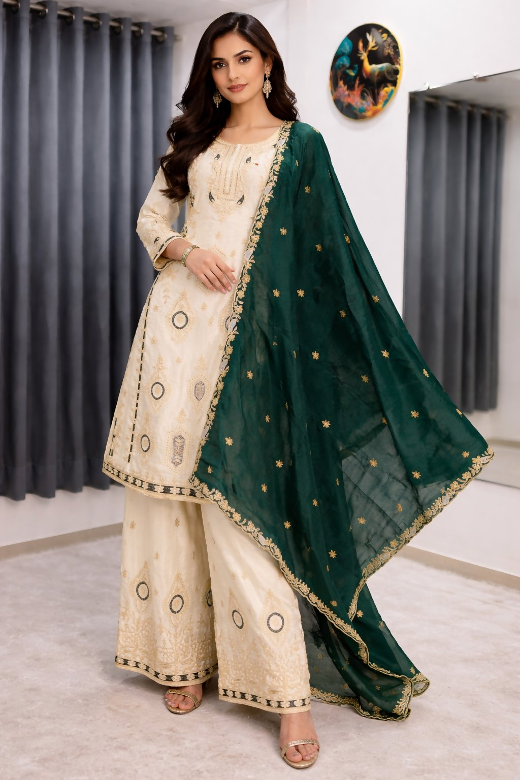 Teeya Creation Green Color Chinon Silk Party Wear Trending Palazzo Set