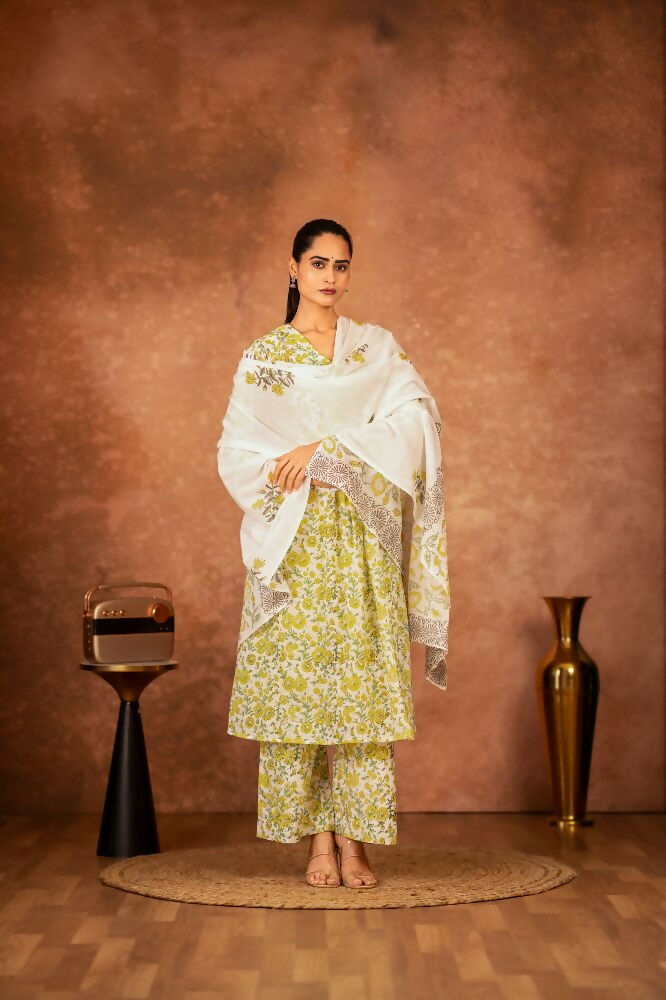 Joban Fashion Yellow Hand Block Printed Cotton Suit Set
