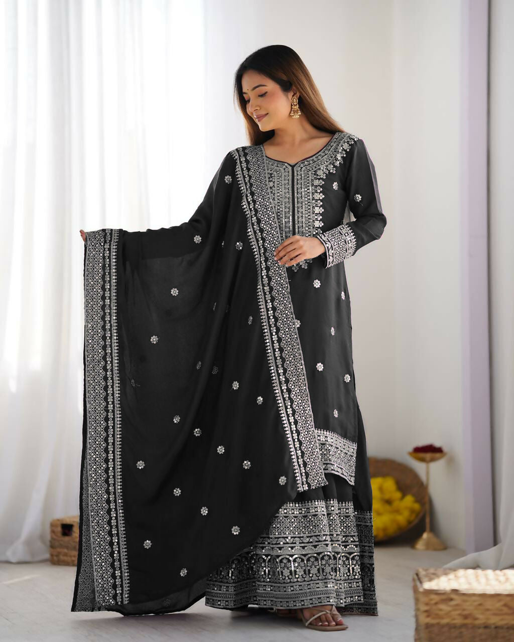 Joban Fashion Black Kurta Set Silk Sequins , Zari, Coding & Thread Embroidered work
