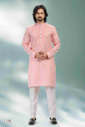 Raivat Ethnic Linen Cotton Pintux Work Kurta Pajama In Pink Colour