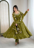 Teeya Creation Mehendi Color Crunchy Silk Embroidery Work Wedding Wear Gown