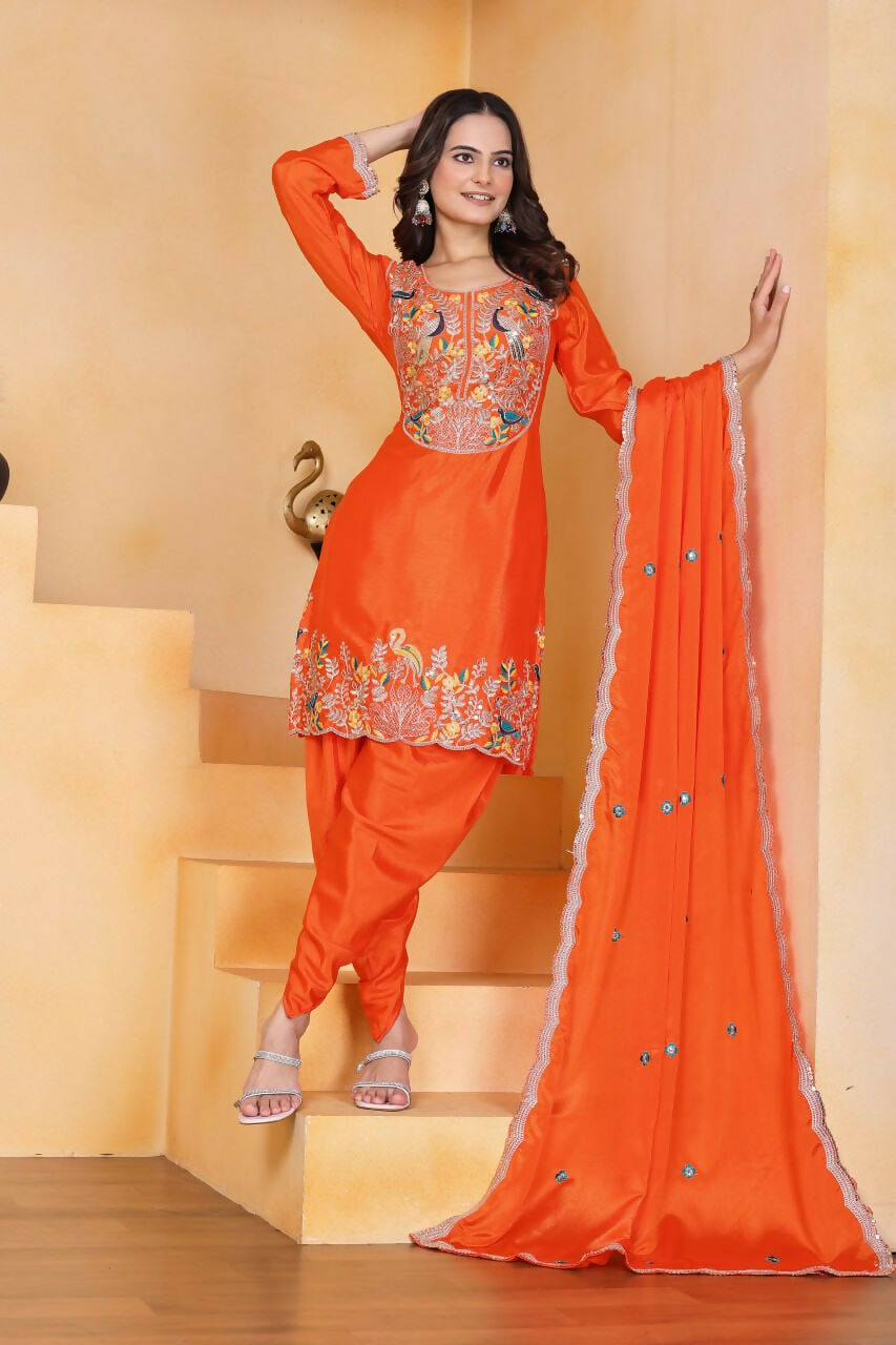 Teeya Creation Orange Color Chinon Silk Party Wear Punjabi Dhoti Suit
