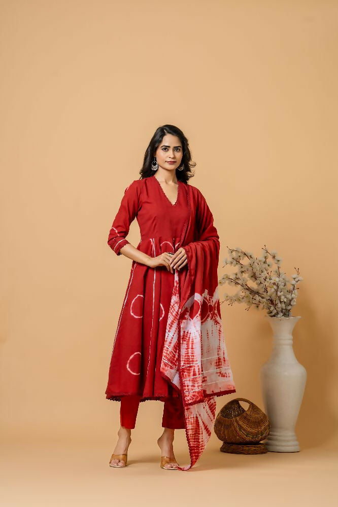 Joban Fashion Red Tie & Dye Cotton Suit Set